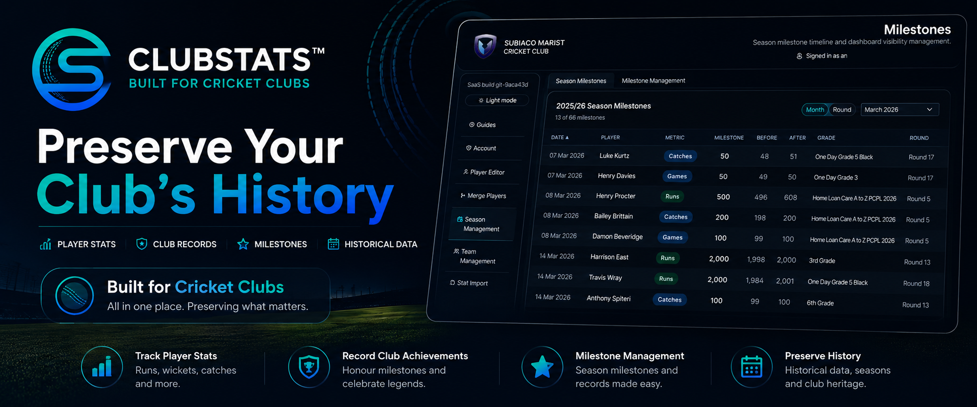 ClubStats cricket statistics platform showing player stats, club records, milestones and historical data