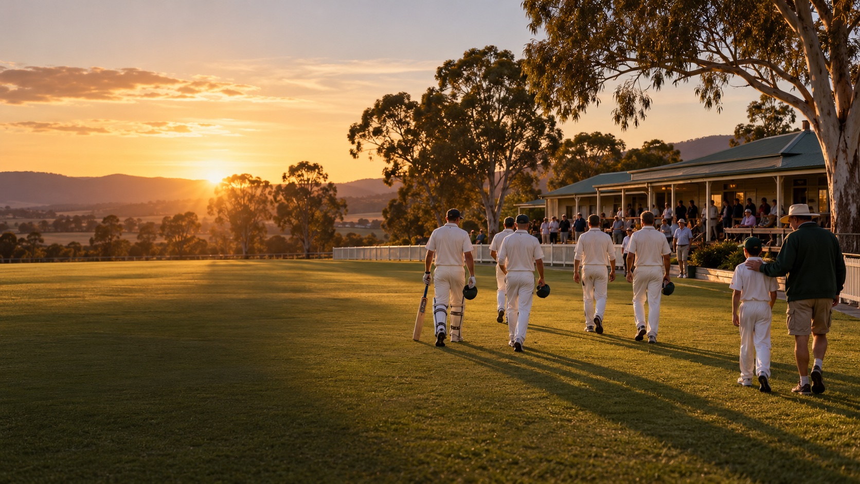 Country cricket players returning to a regional clubhouse at sunset