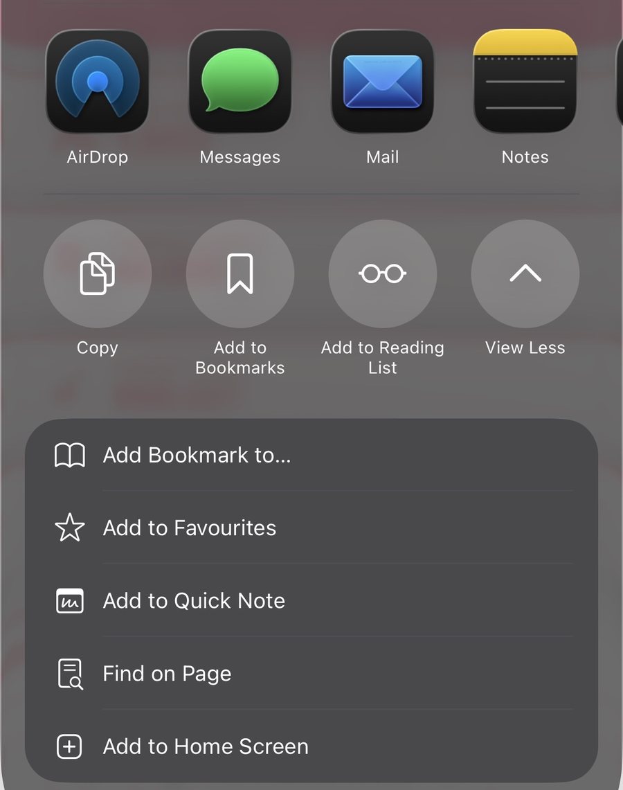 iOS share sheet showing Add to Home Screen