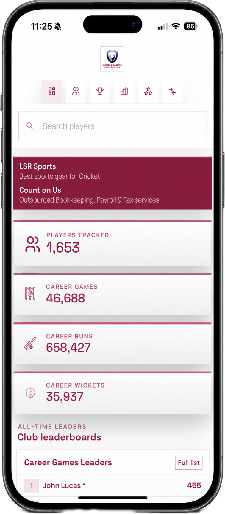 ClubStats club portal running as an iPhone Home Screen web app