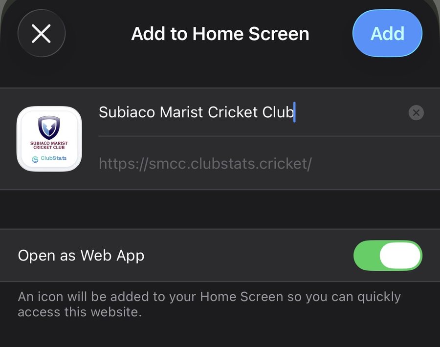 iPhone Add to Home Screen confirmation for a ClubStats club portal