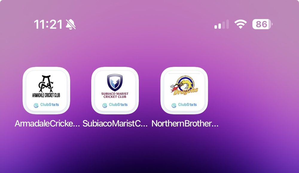 iPhone Home Screen showing ClubStats cricket club web app icons