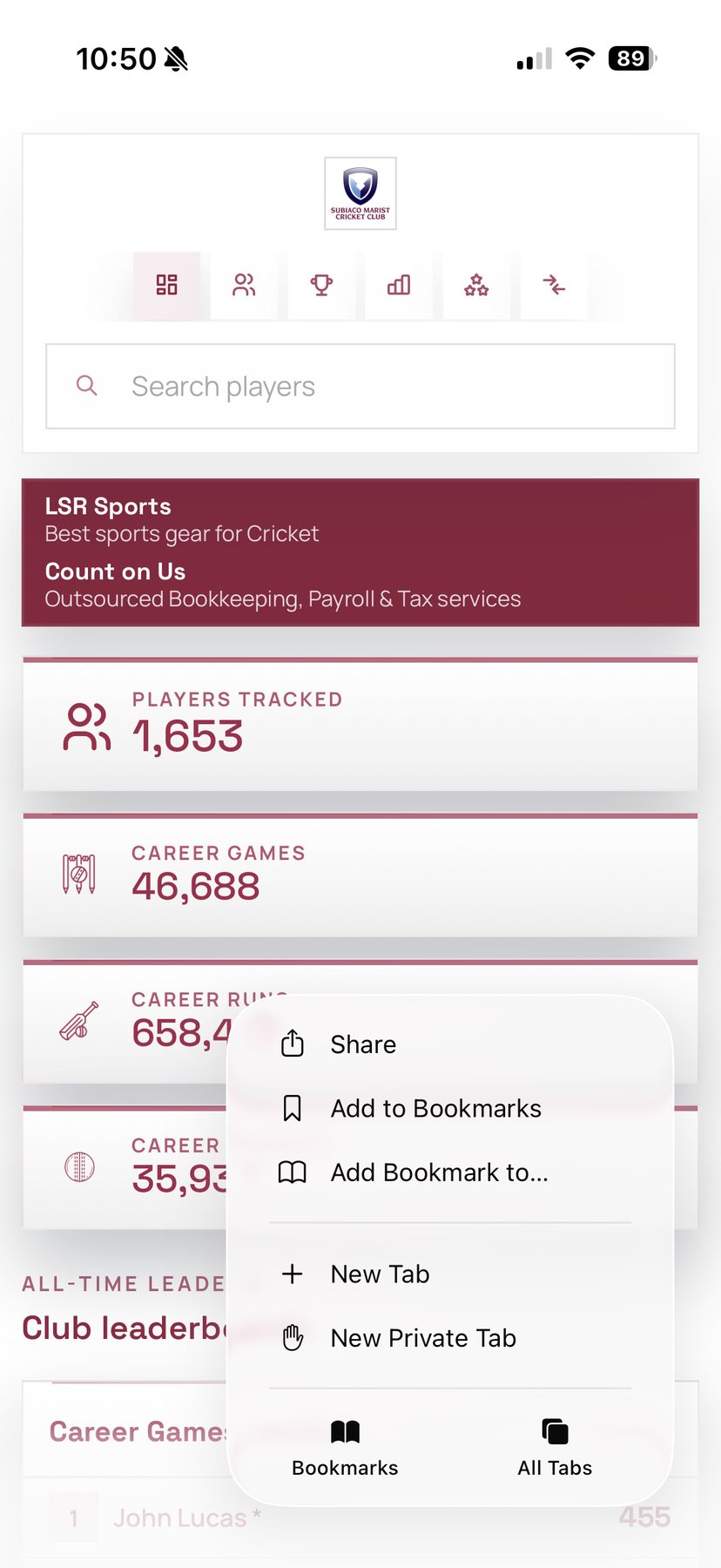 Safari menu opened on a ClubStats cricket club portal