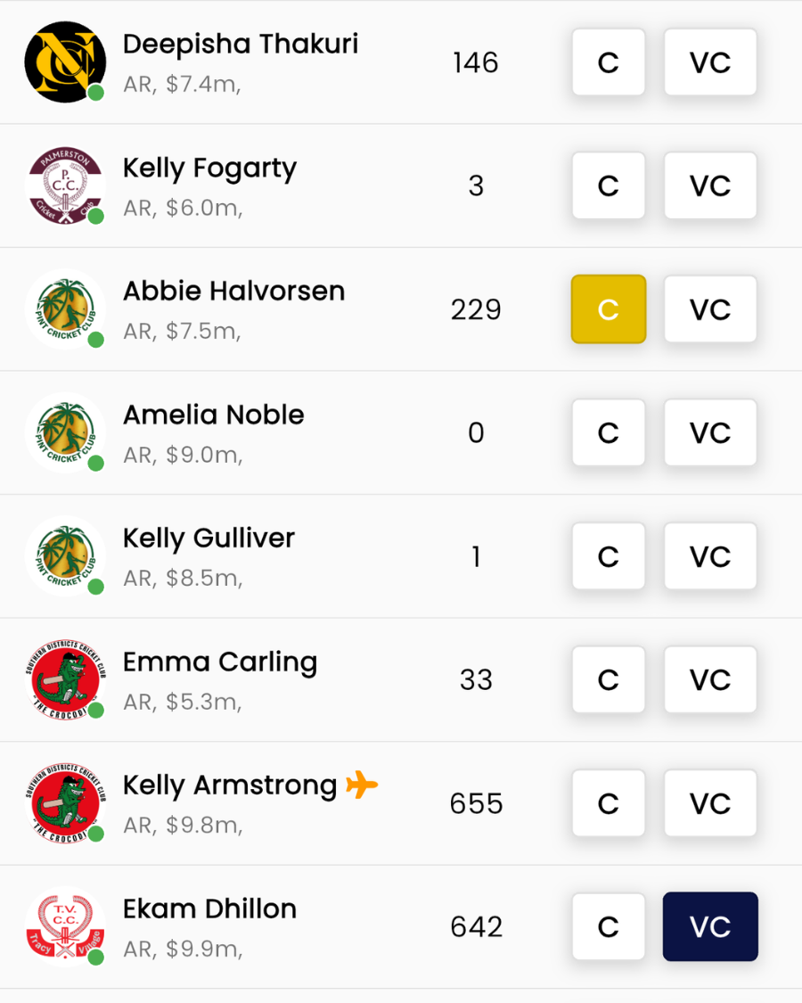 MyClubtap team selection with captain and trade controls
